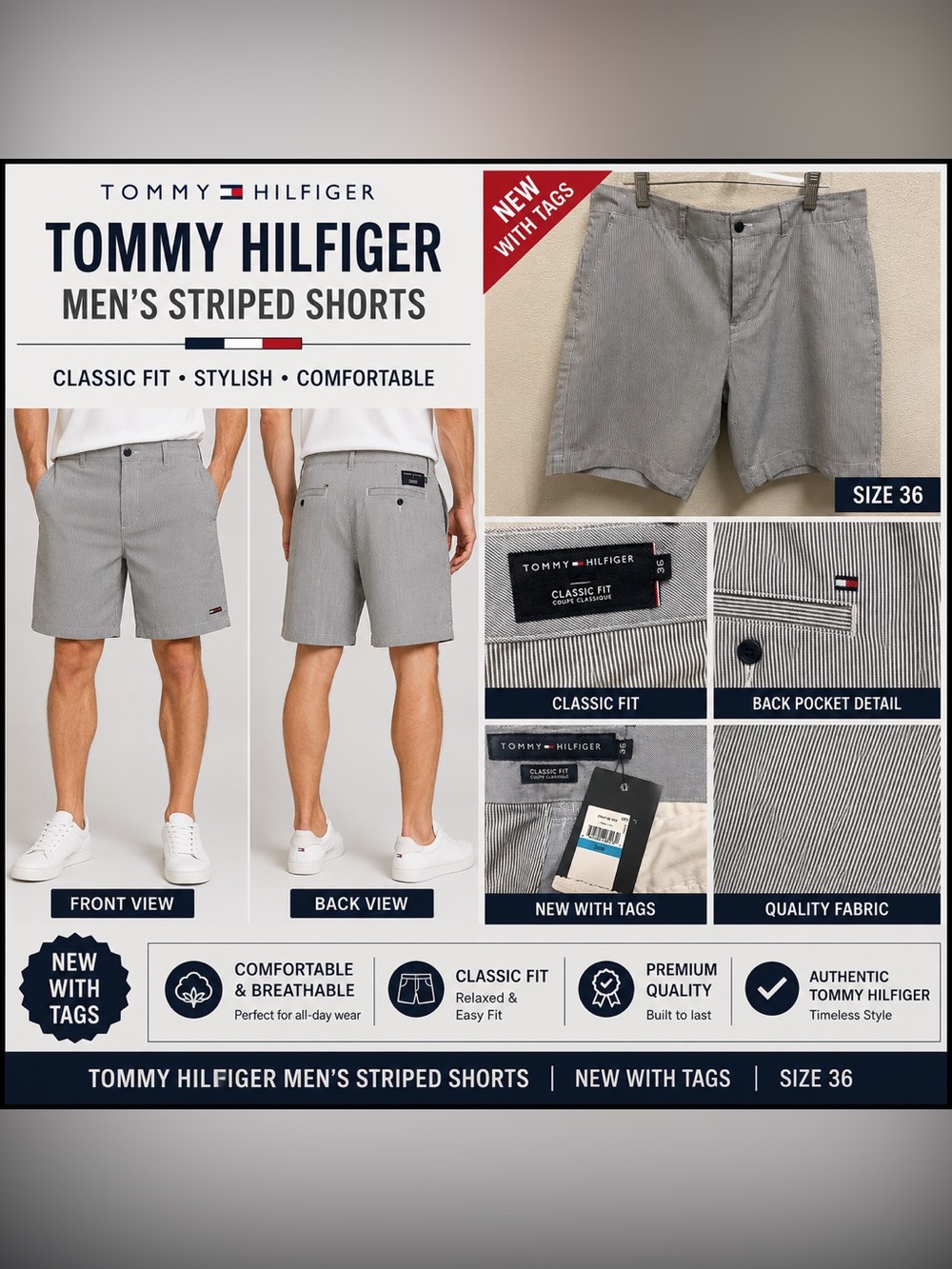 Tommy Hilfiger Gray Striped Flat Front Shorts